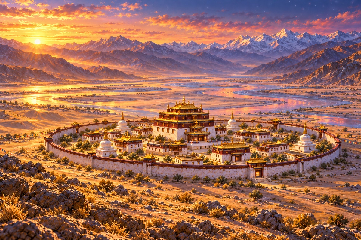 A Tibetan monastery with golden roofs in a wide valley below snow mountains, prayer flags in the wind.