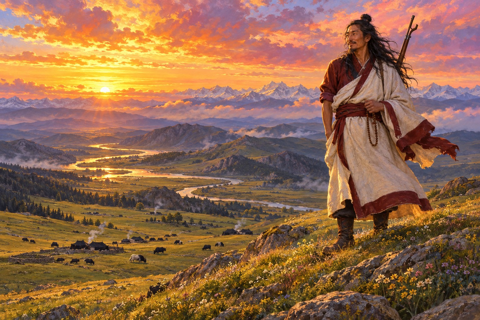 A lean man with long black hair and a white wool coat stands alone on a grassy ridge at sunset, an old long gun slung across his back. Below him rolling grasslands, a shining river, tiny black tents and distant snow peaks stretch away.