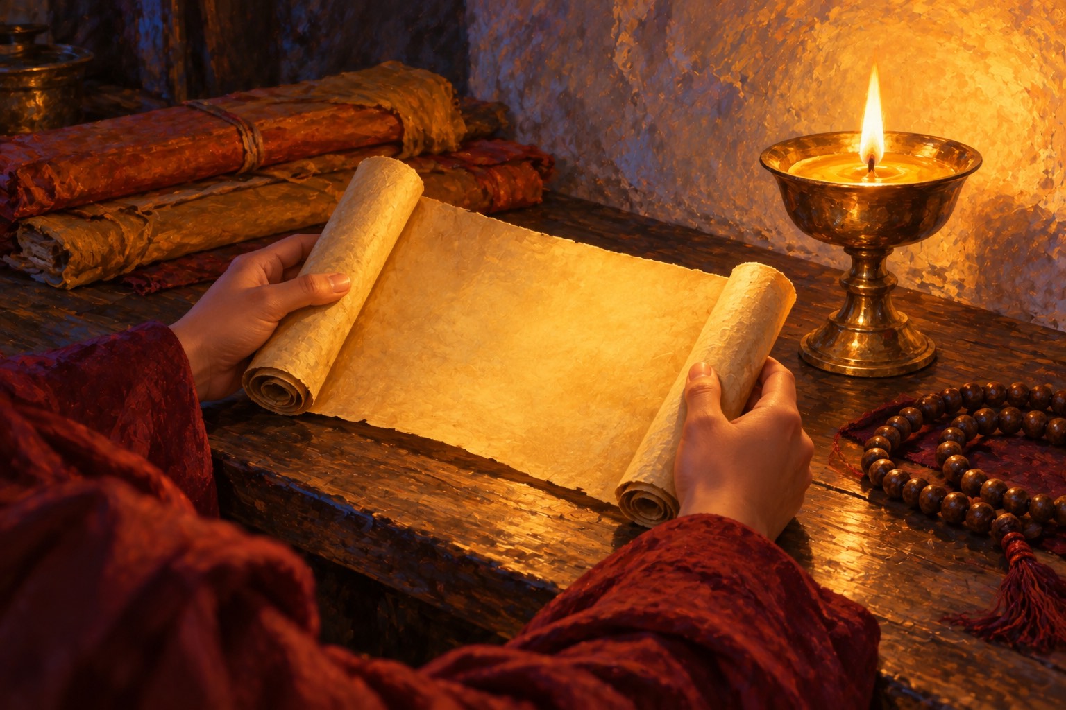 By the light of a single brass butter lamp, a boy's hands in maroon sleeves hold a small rolled yellow scroll, softly glowing and blank. A wooden mala lies on the table beside it.