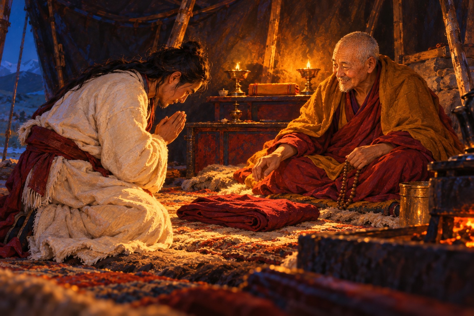 In a lamp-lit tent, a young man in a white wool coat bows with joined palms before an elderly monk. A folded maroon robe lies on the felt between them.