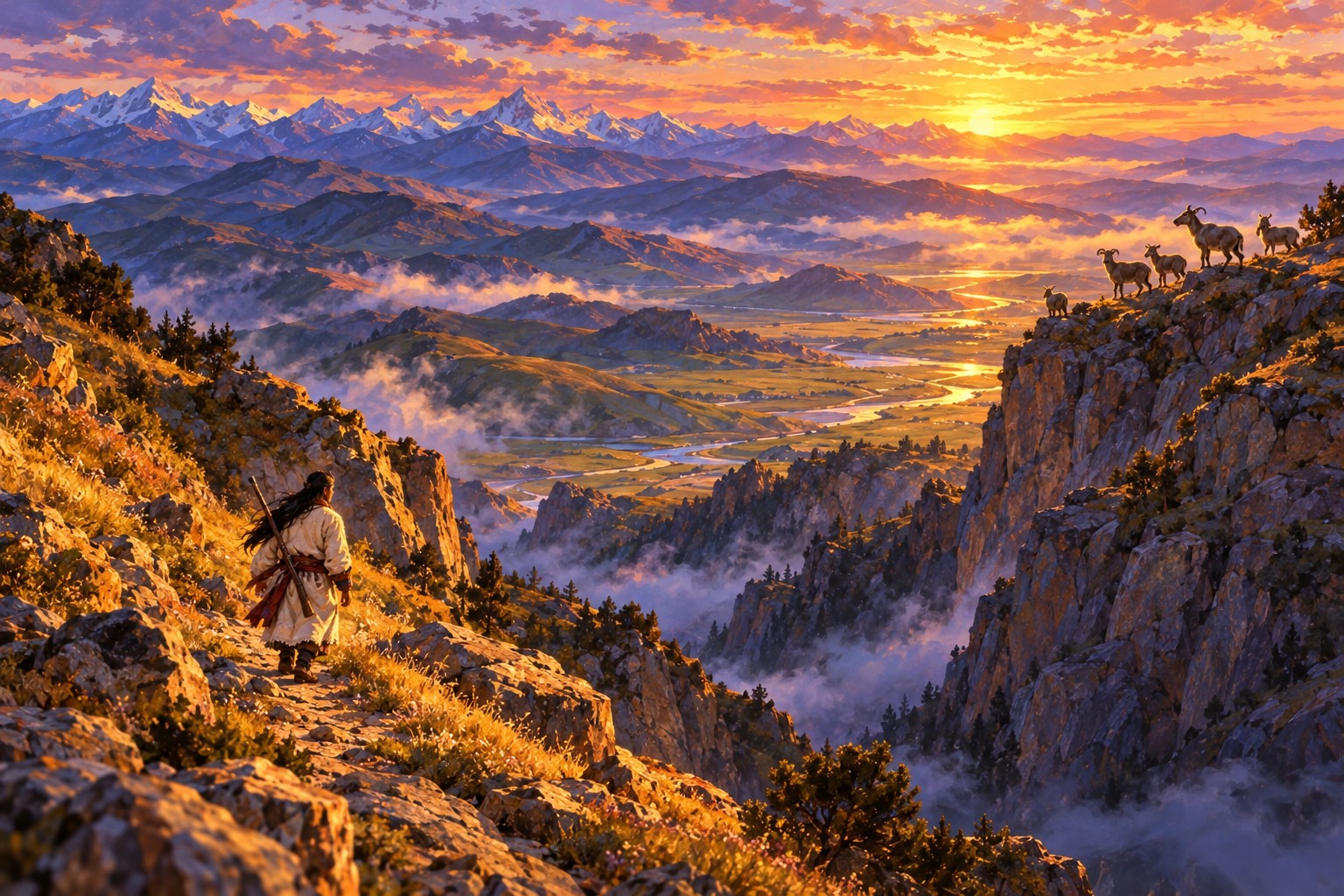Seen from high above at dusk, a tiny figure in a white coat walks a path across wild rocky ridges. On a cliff across the gully, a small herd of wild blue sheep stands silhouetted against the evening sky.