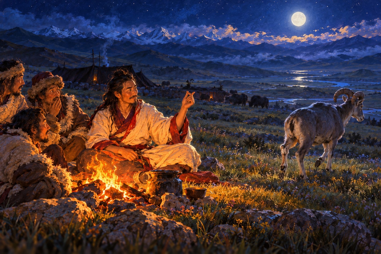 By a campfire at night, a long-haired yogi sits calmly while a living blue sheep walks away into the moonlit grass, limping slightly. Three nomad men stare after it in astonishment.