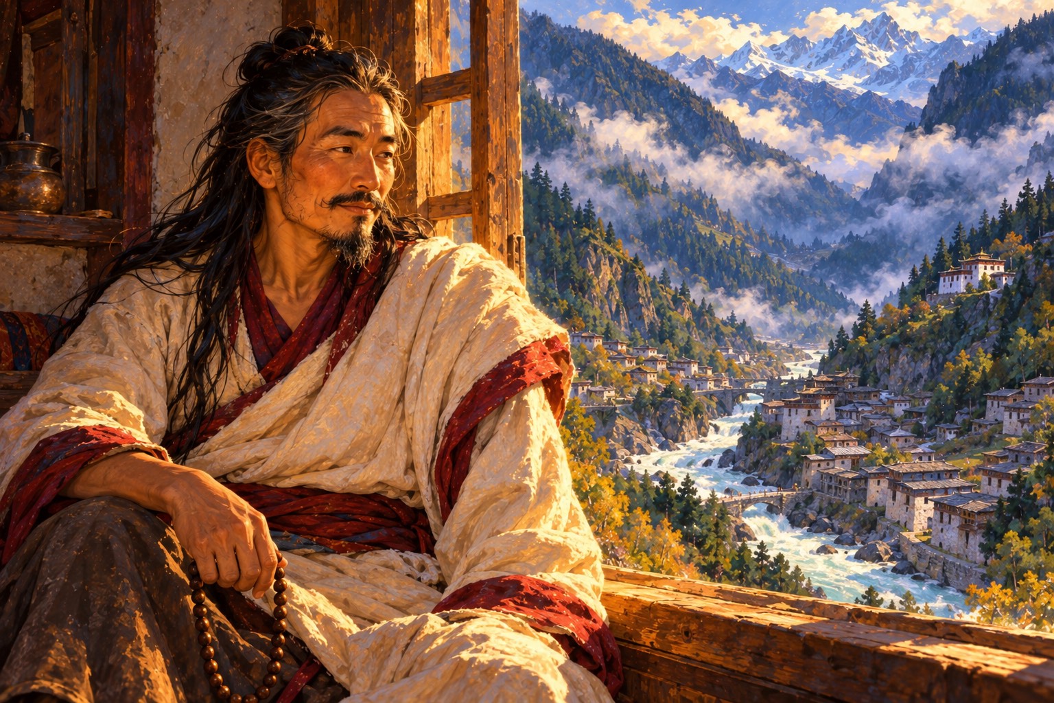 Half portrait of an older long-haired yogi in white and dark red, a wooden mala in his hand, sitting by an open window. Behind him a steep forested valley and the grey roofs of a mountain town lie in low cloud.