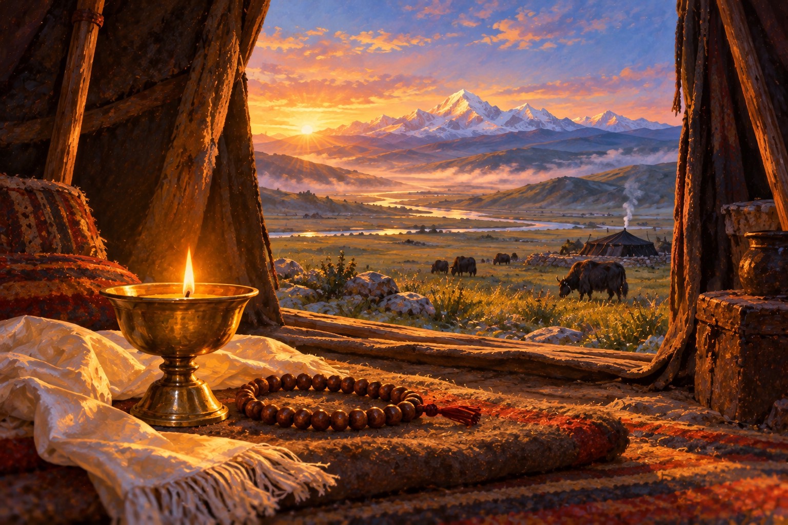 A brass butter lamp burns on a felt mat beside a wooden mala and a white silk scarf. Through the open door of the tent, grassland and a snow peak glow in the first light of dawn.