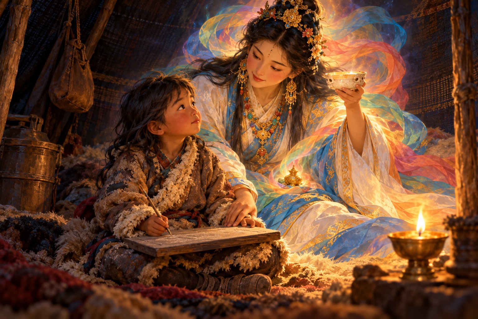 Inside a dark nomad tent lit by one small lamp, a young boy sits with a wooden board on his knees. Beside him a glowing young woman in white and blue silks leans close like a mother, her hand near his.