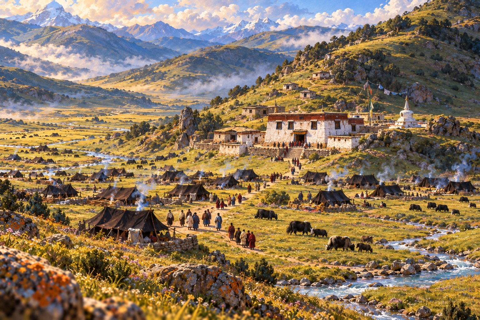 From high above, a small whitewashed monastery with retreat huts on the hillside behind it and many black tents on the meadow below. Tiny figures walk toward the hall beside a winding stream.
