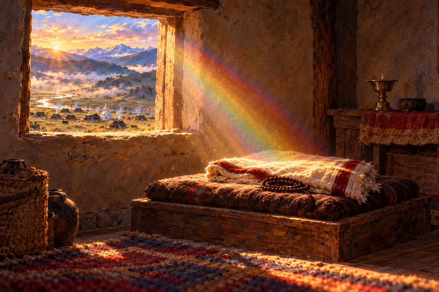 Inside a small bare hut, an empty meditation cushion with a neatly folded white and red shawl and a mala. Soft dawn light with a faint rainbow shimmer falls through a small window across it.