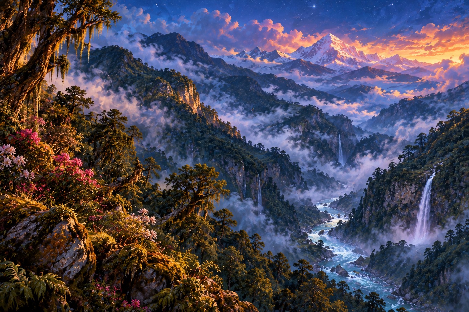 Deep forested gorges at dusk, with mist between the slopes, thin waterfalls on dark cliffs and a river far below. A snow peak glows pink through the clouds under the first stars.