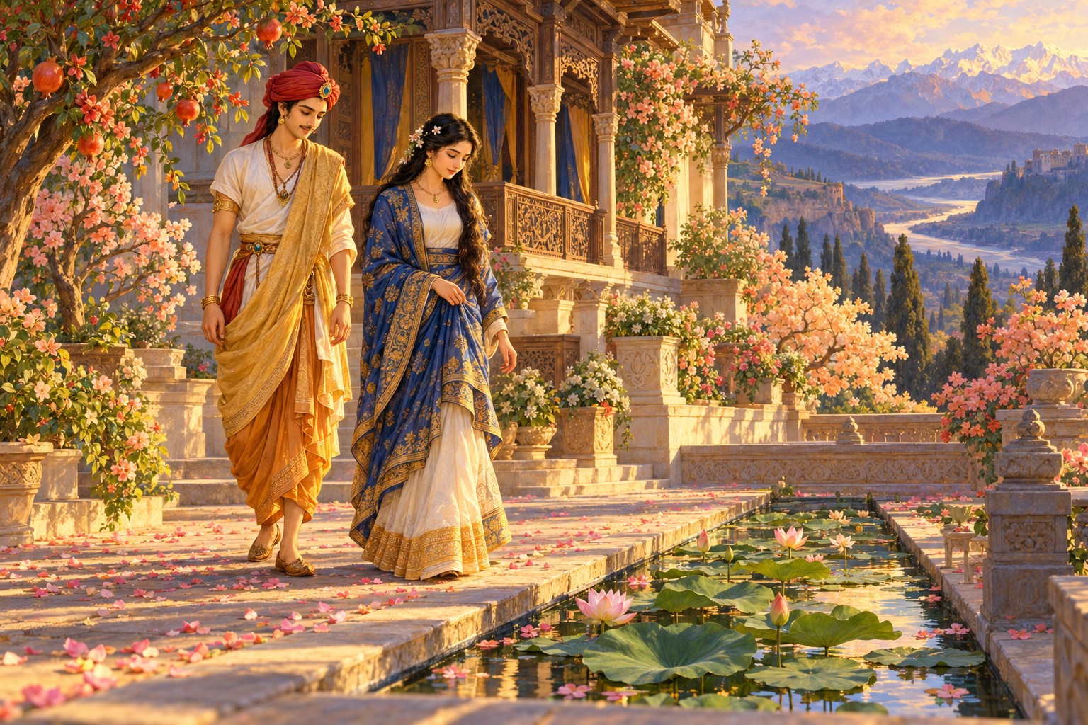 A young prince in a red turban and a young woman in a blue and gold shawl walk side by side beside a stone water channel in a flowering palace garden.