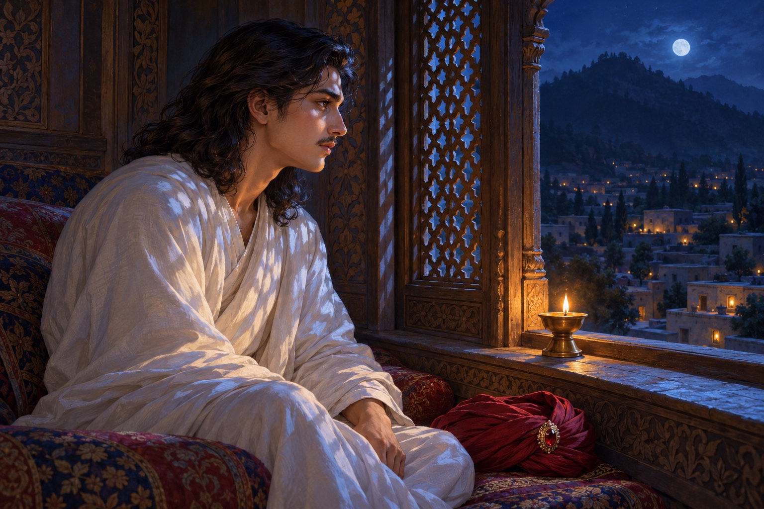 At night, the young prince sits in profile by a carved lattice window, moonlight on his face and a small butter lamp burning on the sill, looking out at distant hills.