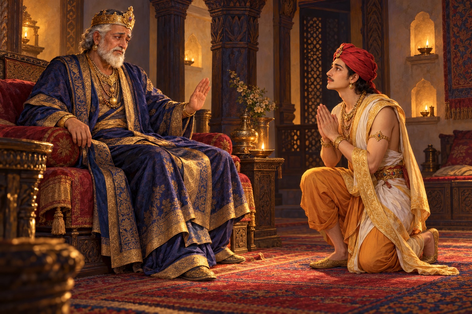 In a lamplit chamber, the young prince kneels with joined palms before the old king, who turns his face aside with one hand raised in refusal.