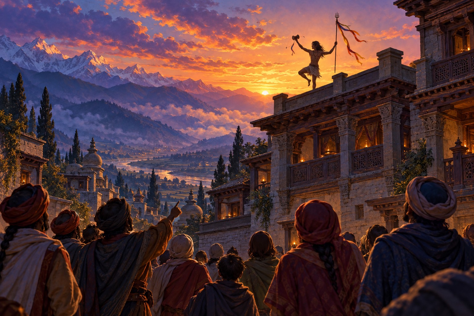 Seen from the crowded square below, a small silhouetted figure dances on the palace roof against an orange twilight sky, holding a hand drum and a tall staff with a trident tip.