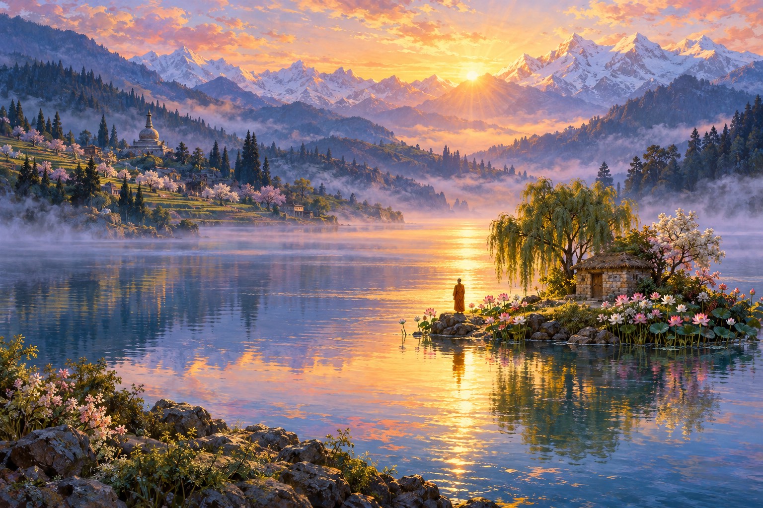 A wide view of a still mountain lake at dawn, with a small island and hut on the right and a tiny figure in ochre robes at the water's edge, snow peaks glowing gold behind.