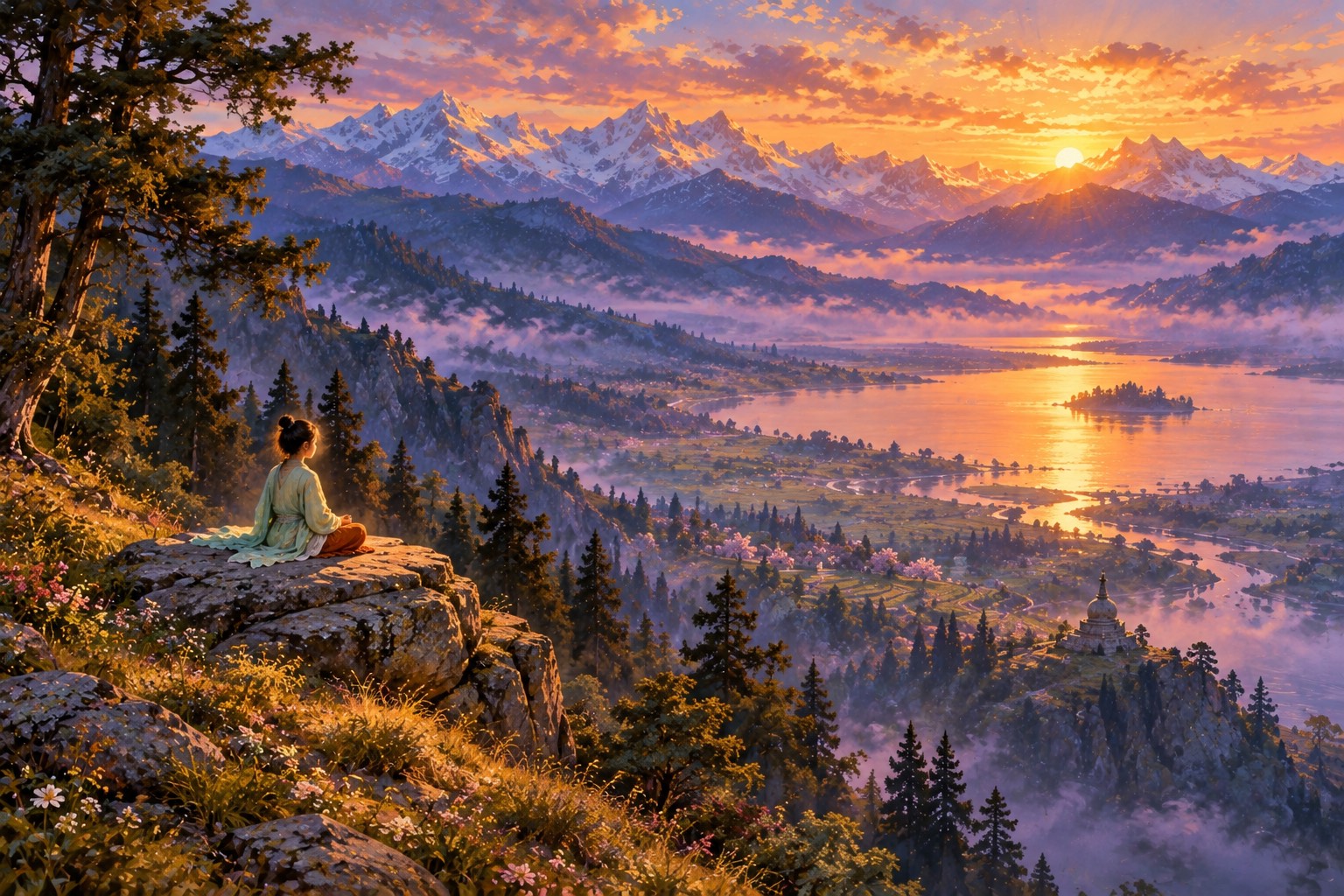 A high view at dusk of a tiny figure meditating on a rock above a misty valley, with a glinting lake far below and golden snow peaks beyond.