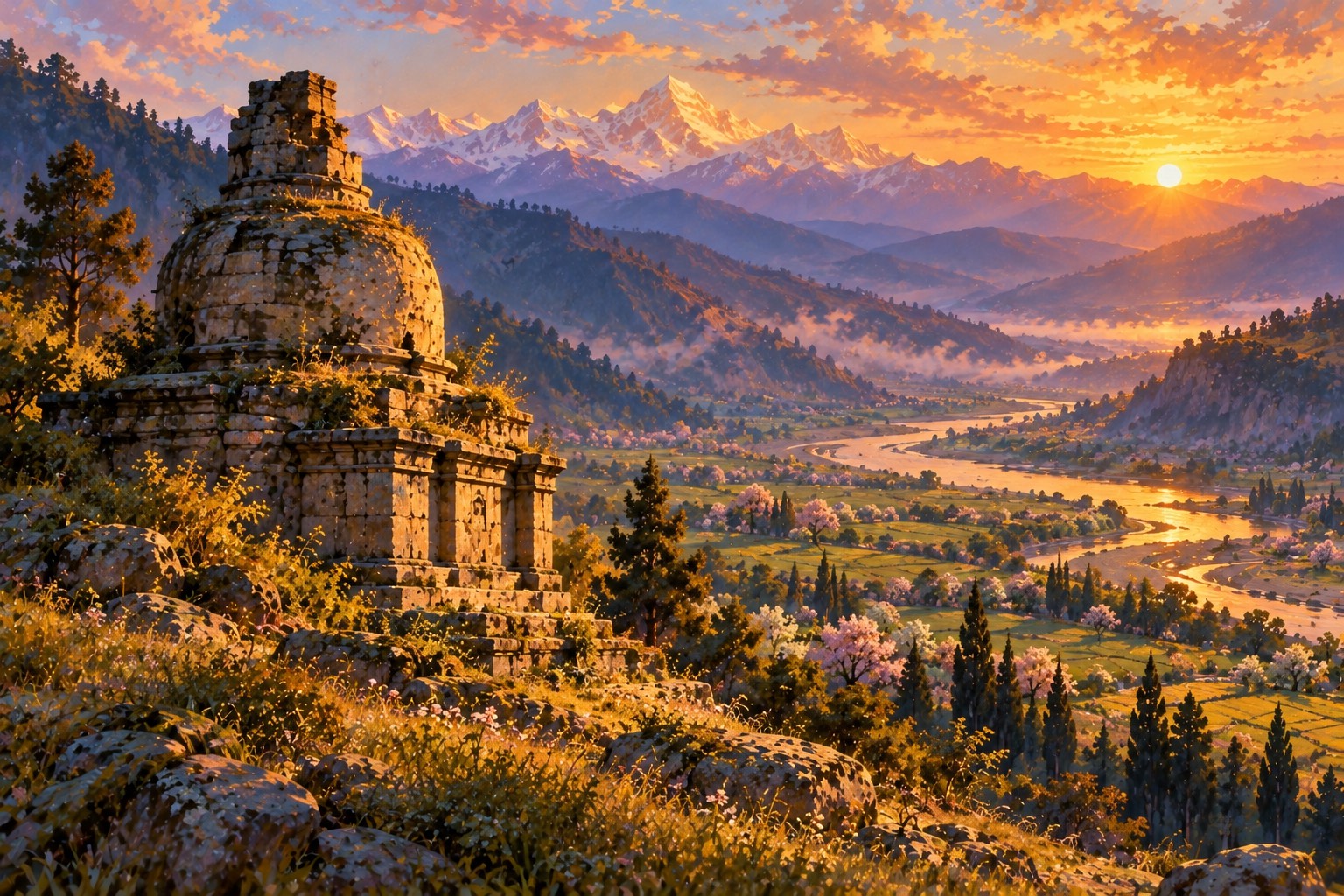 Weathered ruins of an ancient stone stupa on a grassy hillside overlooking a green river valley with terraced fields and snow peaks at sunset.