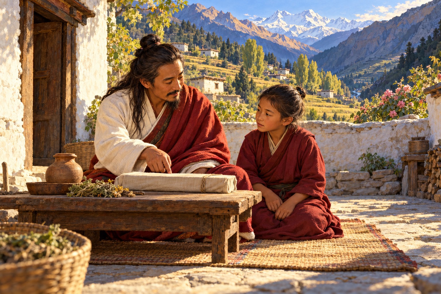 A father in a white robe and red shawl, his hair in a topknot, sits in a sunny stone courtyard and points to a wrapped book. His young son kneels beside him, listening closely, with terraced fields and hills behind.