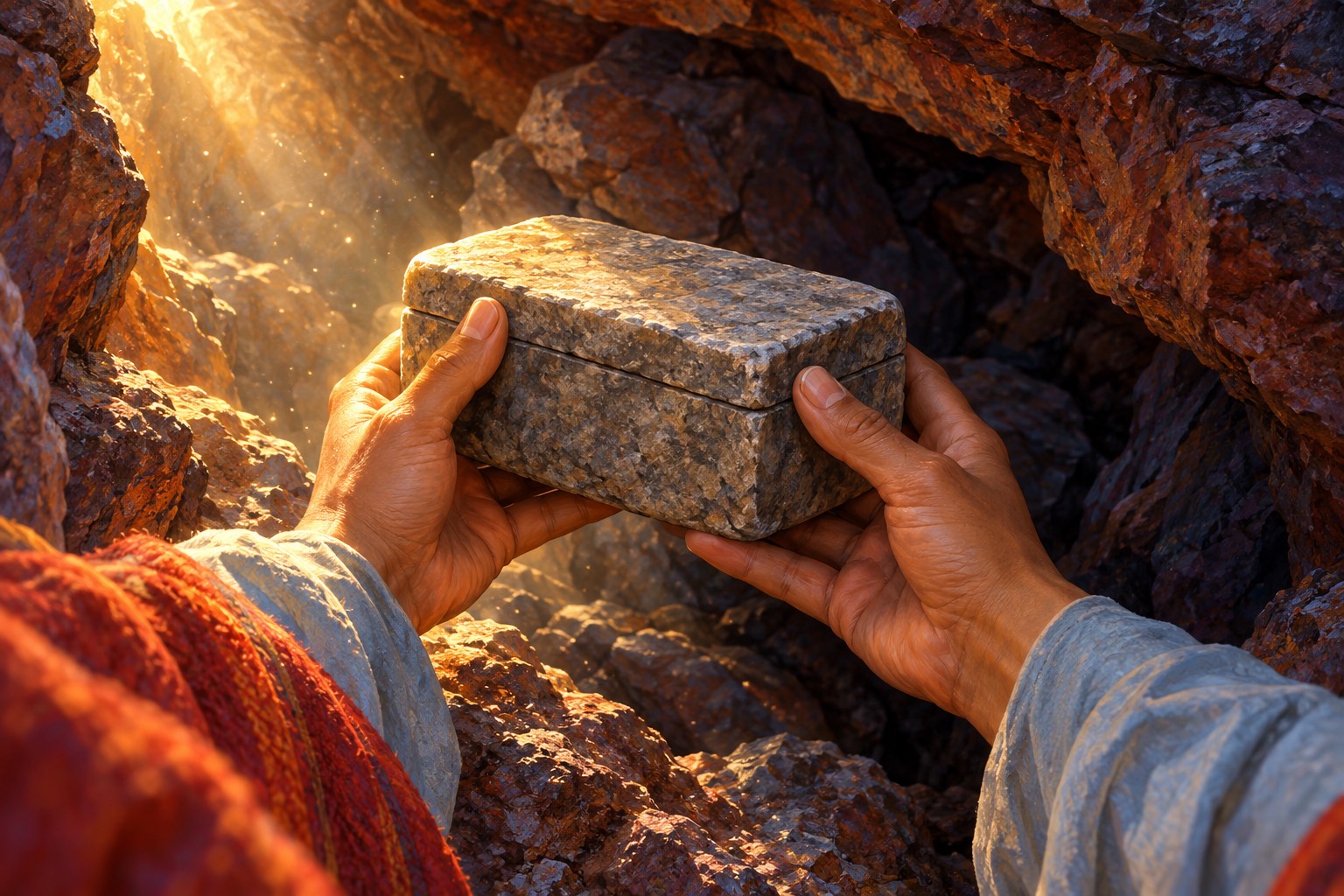 Close view of two hands lifting a small, plain stone casket from a dark crevice in rust-colored rock, lit by a single shaft of golden morning light.