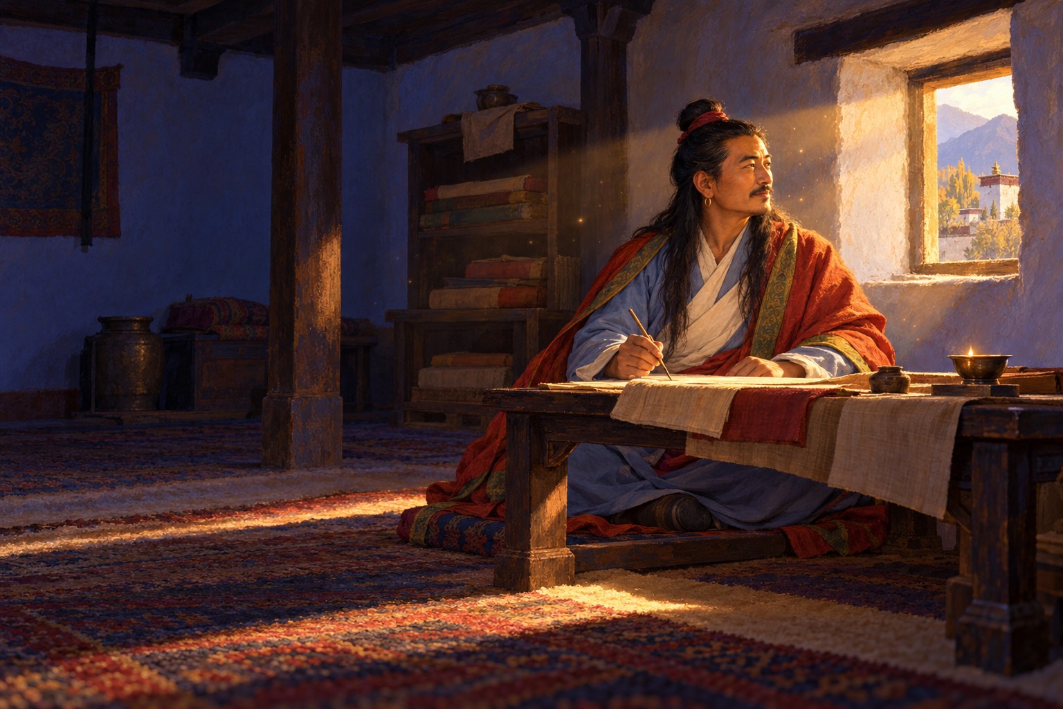 A man with a topknot and red-orange shawl sits at a low wooden table in a whitewashed room, pen lifted, looking out a small window as a shaft of late sunlight falls across him. Wrapped books are stacked on a shelf behind.