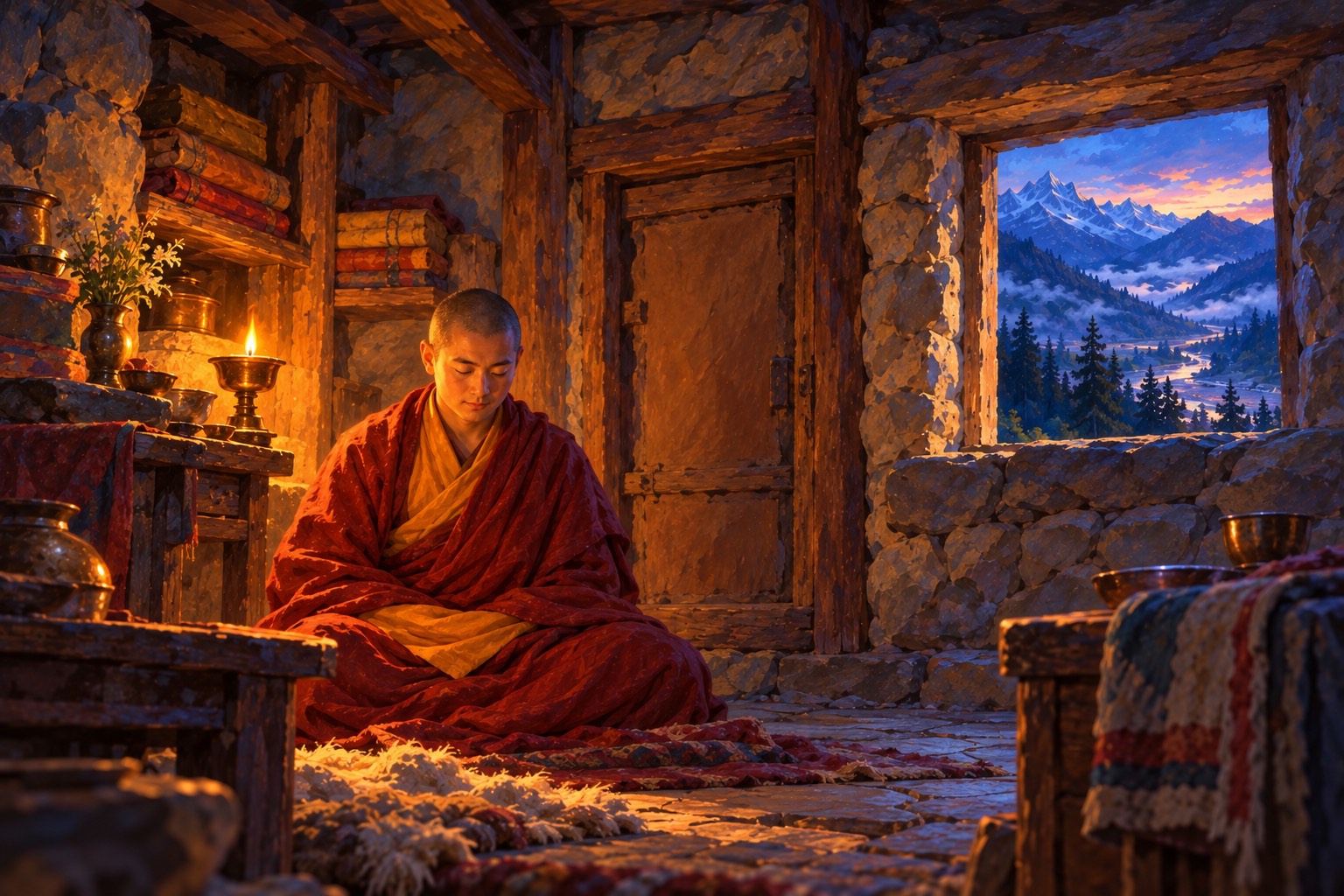 Close portrait of a shaven-headed monk in maroon robes, eyes lowered in meditation, lit by a single butter lamp in a stone cell at dusk.