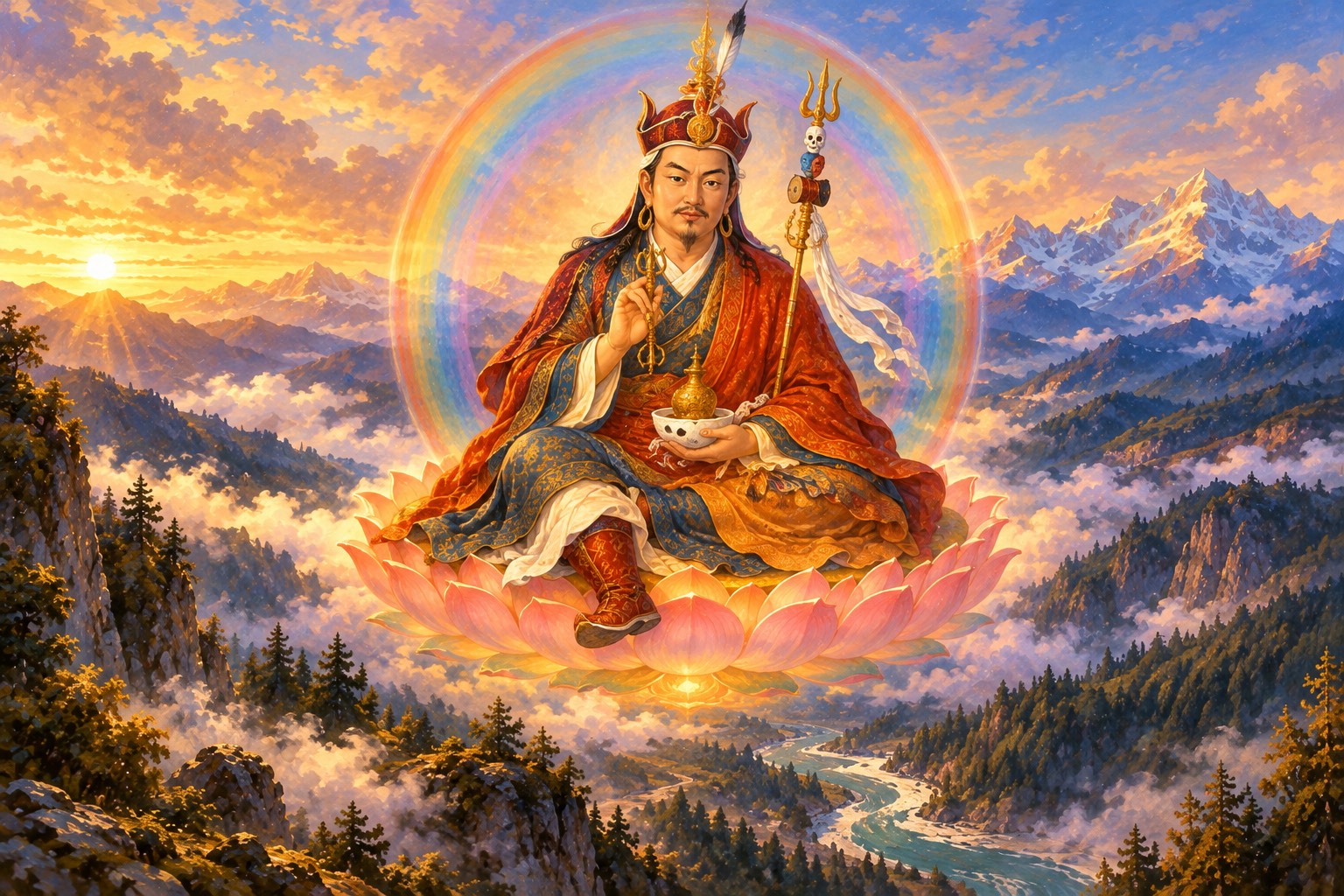 Guru Rinpoche, in lotus hat and layered robes, sits on a lotus within a rainbow sphere above misty forested valleys.