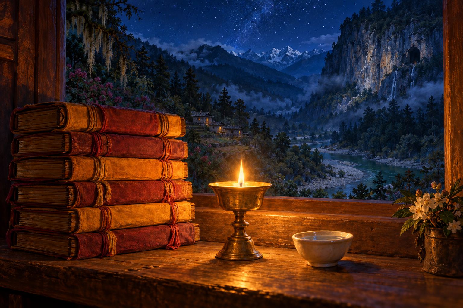 A single butter lamp glows beside six cloth-wrapped Tibetan books on a wooden shelf, a starry night beyond the window.