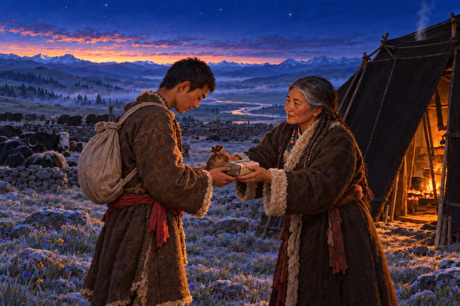 Before dawn outside a black nomad tent, an older woman in a sheepskin coat presses a small pouch and a brick of tea into the hands of a young man with a bundle on his back, who bows his head.