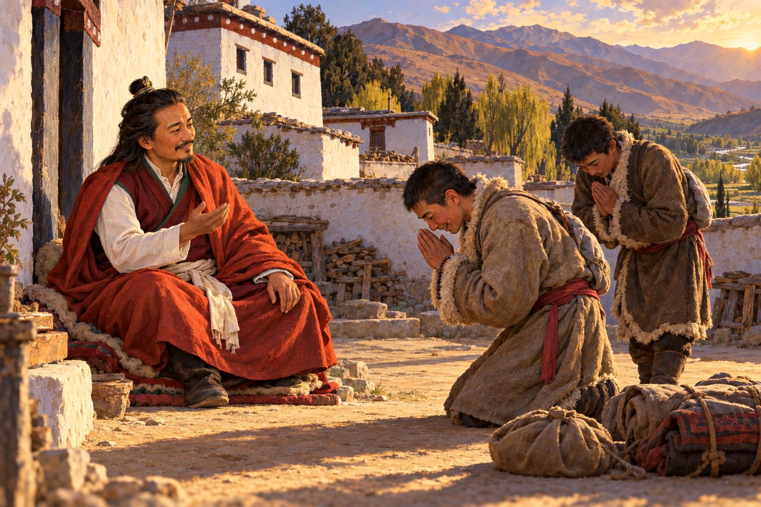 In a sunny hermitage courtyard, a long-haired master in a red cloak smiles and raises a hand in welcome as a young man in a sheepskin coat bows deeply with joined palms, tears of joy on his face, another young man bowing behind him.