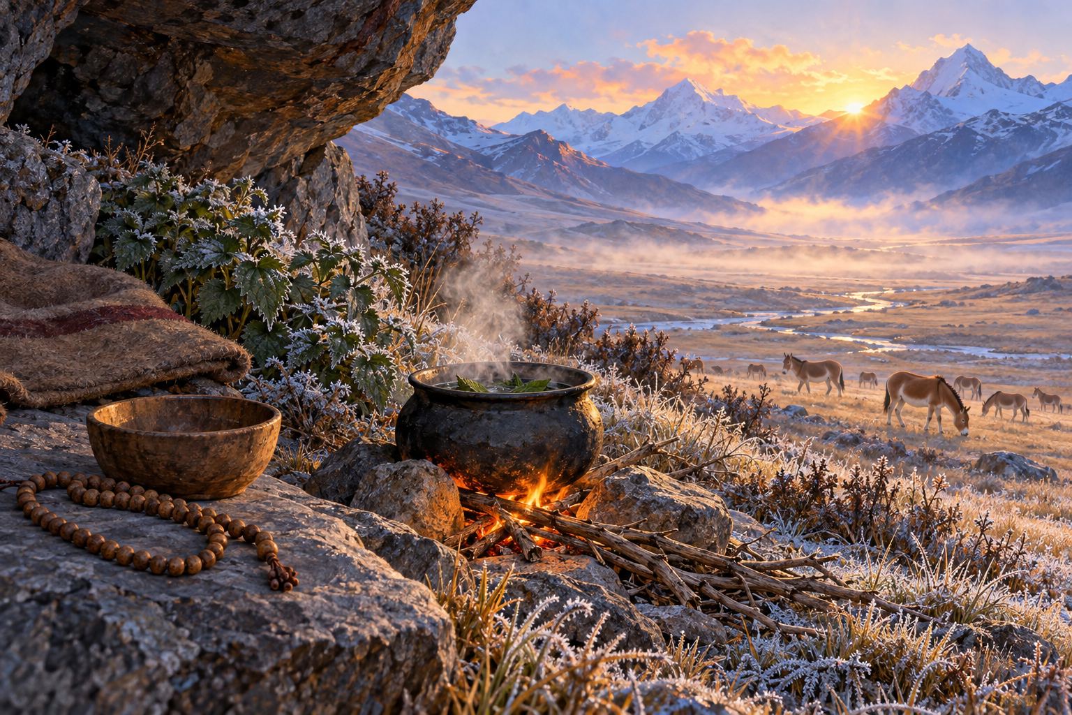 Close-up of a small blackened pot steaming over a tiny twig fire on three stones, a few nettle leaves in the water, a wooden mala and bowl beside it, frost on the grass under a grey rock.