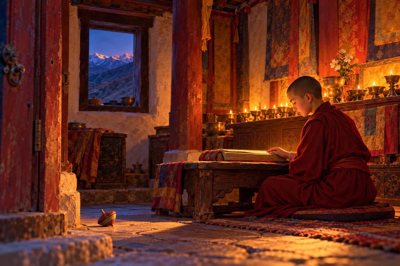 A boy novice with a shaved head and maroon robes kneels by butter lamps in a small shrine room, bent over a long cloth-wrapped book. A wooden spinning top lies forgotten near the door.