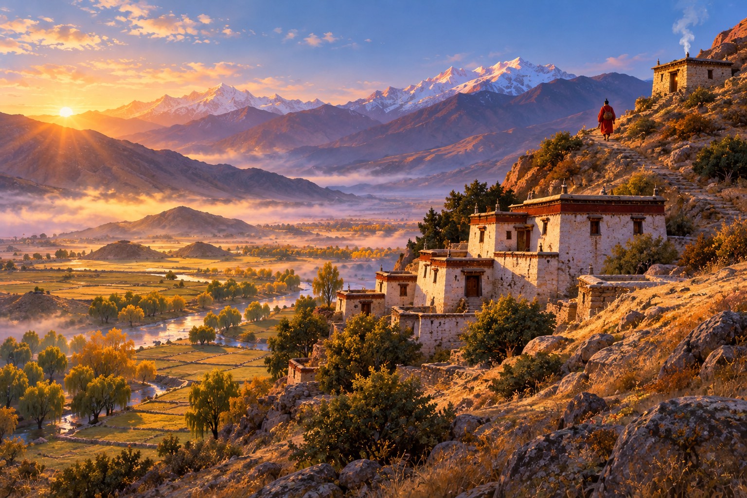A dry Tibetan valley in early morning with barley terraces and low grassy mounds. A small white monastery sits on a hillside, and above it a lone stone hut; a tiny figure in a red-orange cloak walks up the path towards it.