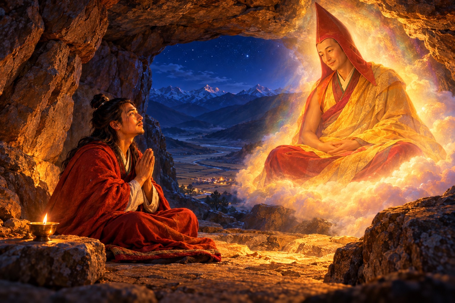 Inside a small granite cave at night, a long-haired yogi in a red-orange cloak sits with palms joined beside a butter lamp. Facing him, a luminous monk in a tall pointed red hat sits on clouds of light at the cave mouth, hands resting in his lap.