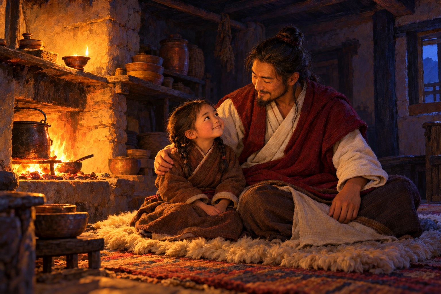 Inside a stone farmhouse lit by a hearth and a small oil lamp, a small girl with two braids sits on a sheepskin and smiles up at her father, a long-haired man in a white robe and dark red shawl who rests a hand on her shoulder.