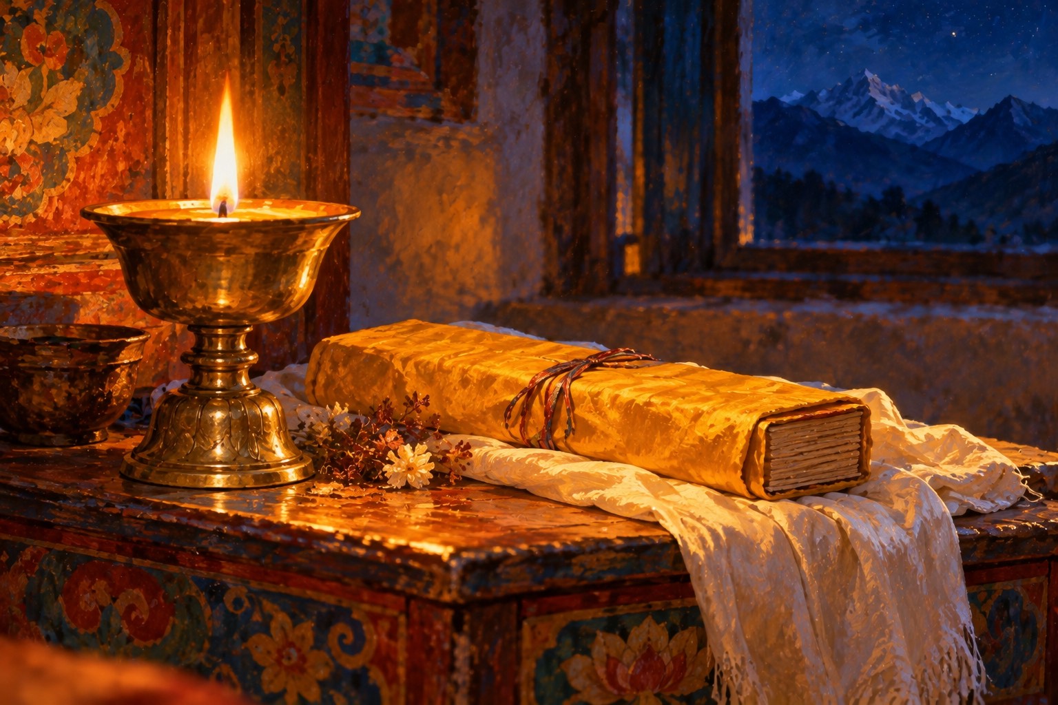 A brass butter lamp burns beside a long narrow book wrapped in yellow silk, resting on a white scarf on a low painted table at night.