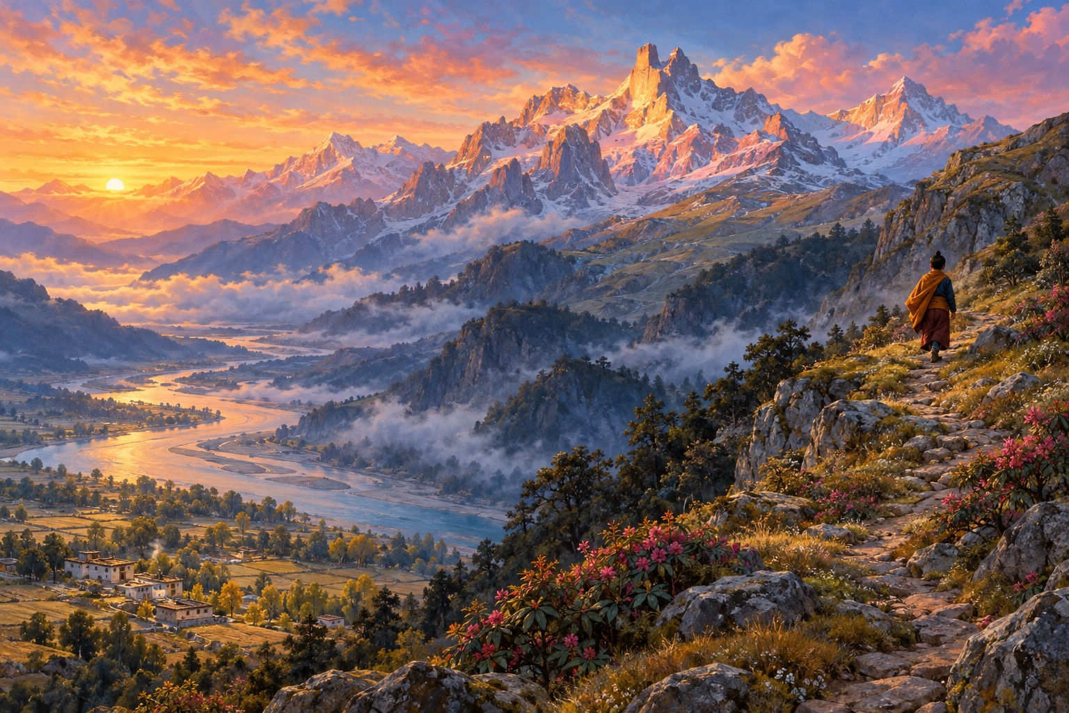 A long grey mountain ridge at dawn, its tallest crag lit rose-gold above dark wooded slopes and a misty river valley. A tiny figure in a saffron shawl climbs a path toward the summit.