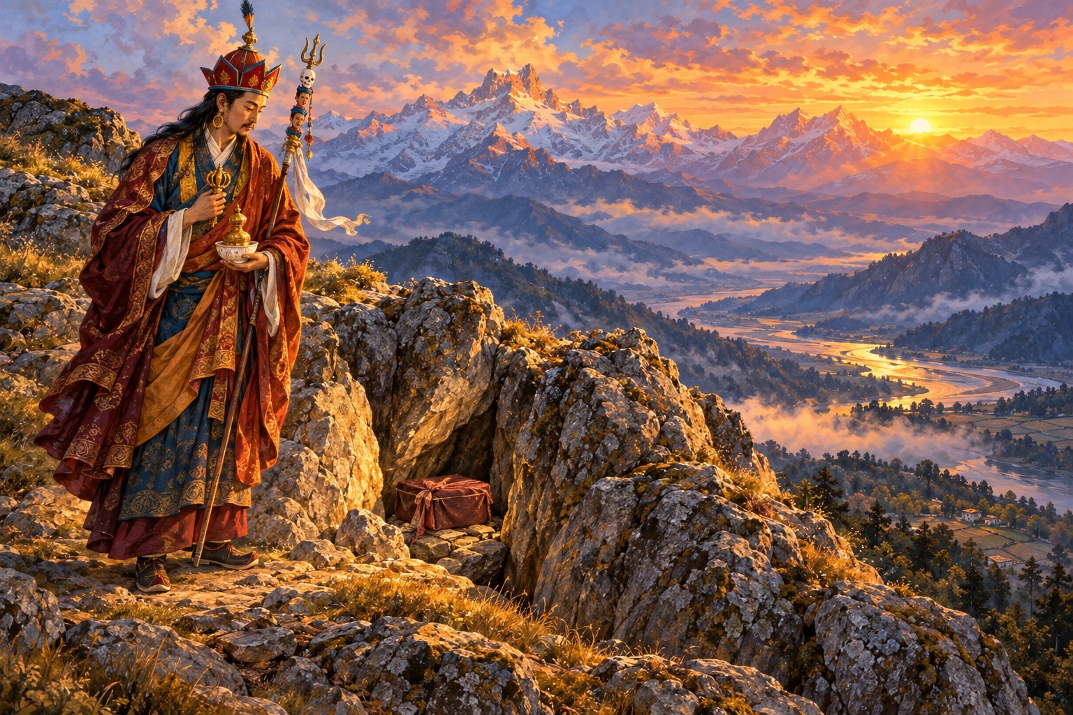 Guru Rinpoche in his lotus hat and robes stands on a rocky summit in golden evening light beside a narrow cleft, where a small casket wrapped in maroon cloth rests in the rock.