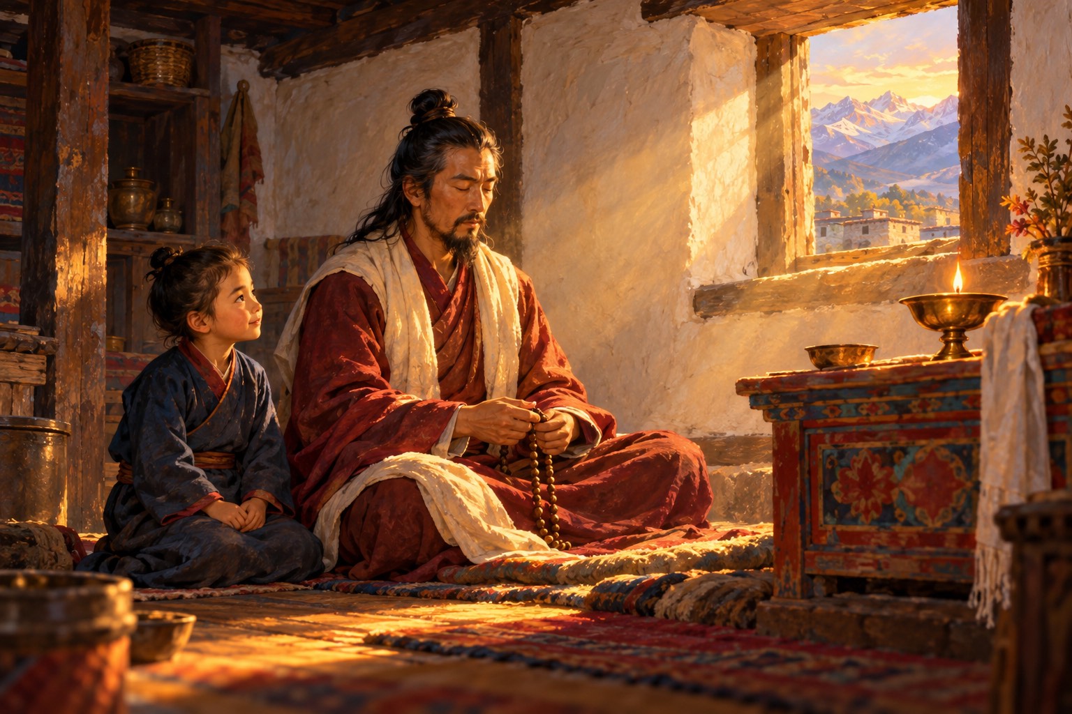 In a small whitewashed shrine room lit by morning sun and one butter lamp, a young boy in a blue robe kneels beside his long-haired father, who sits in meditation holding a wooden mala.