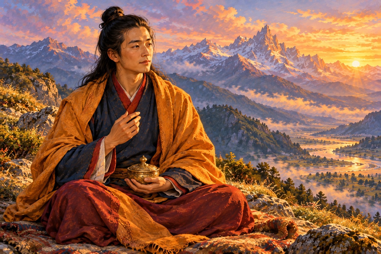 Portrait of a young, beardless Tibetan layman with a high black topknot, a saffron shawl over a dark gown, one hand raised as if speaking and a small golden casket in his lap, against blurred mountain crags.