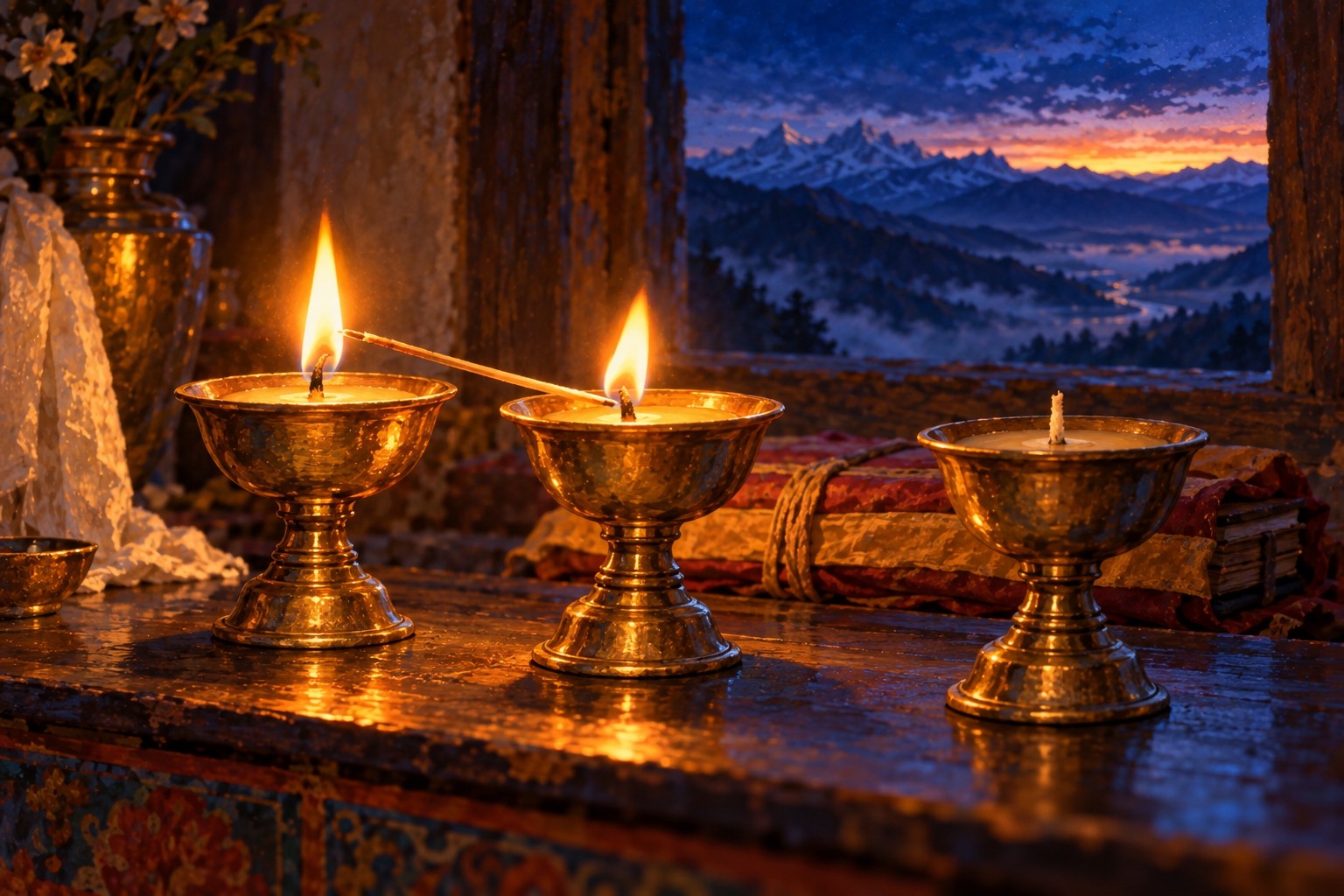 Three brass butter lamps in a row on a dark altar: the first burning, the second just lit from it by a thin taper, the third still waiting, with a blue pre-dawn window behind.