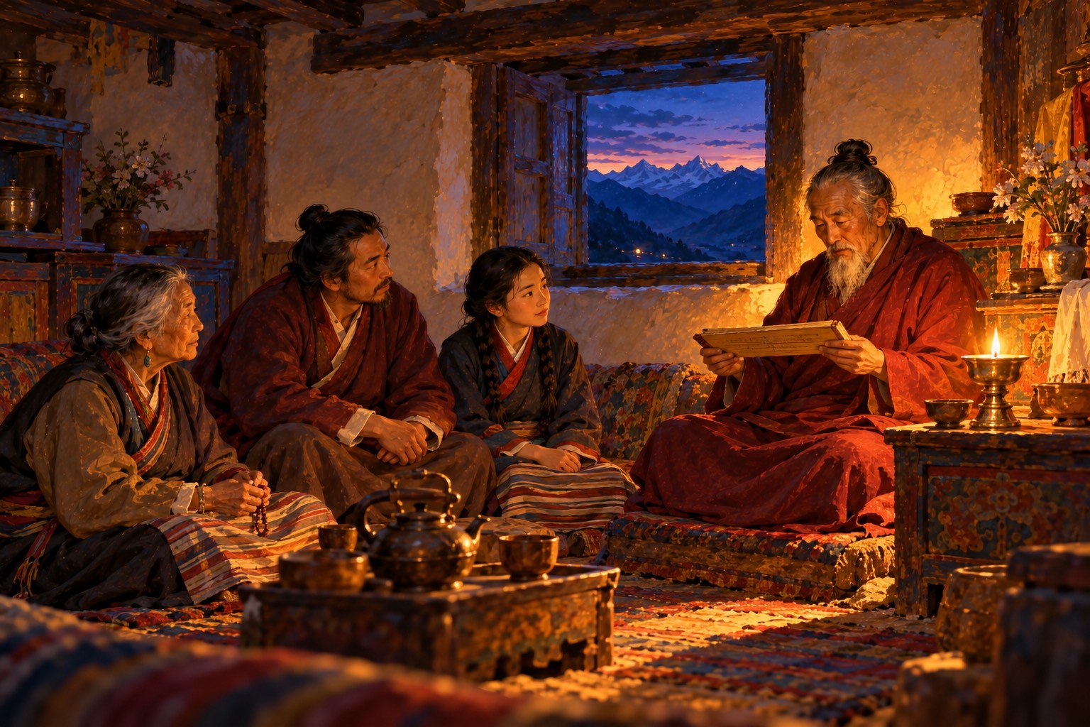 In a lamplit Tibetan room at dusk, an elderly lama in maroon robes reads quietly from a long loose page while a small family sits close by, listening.