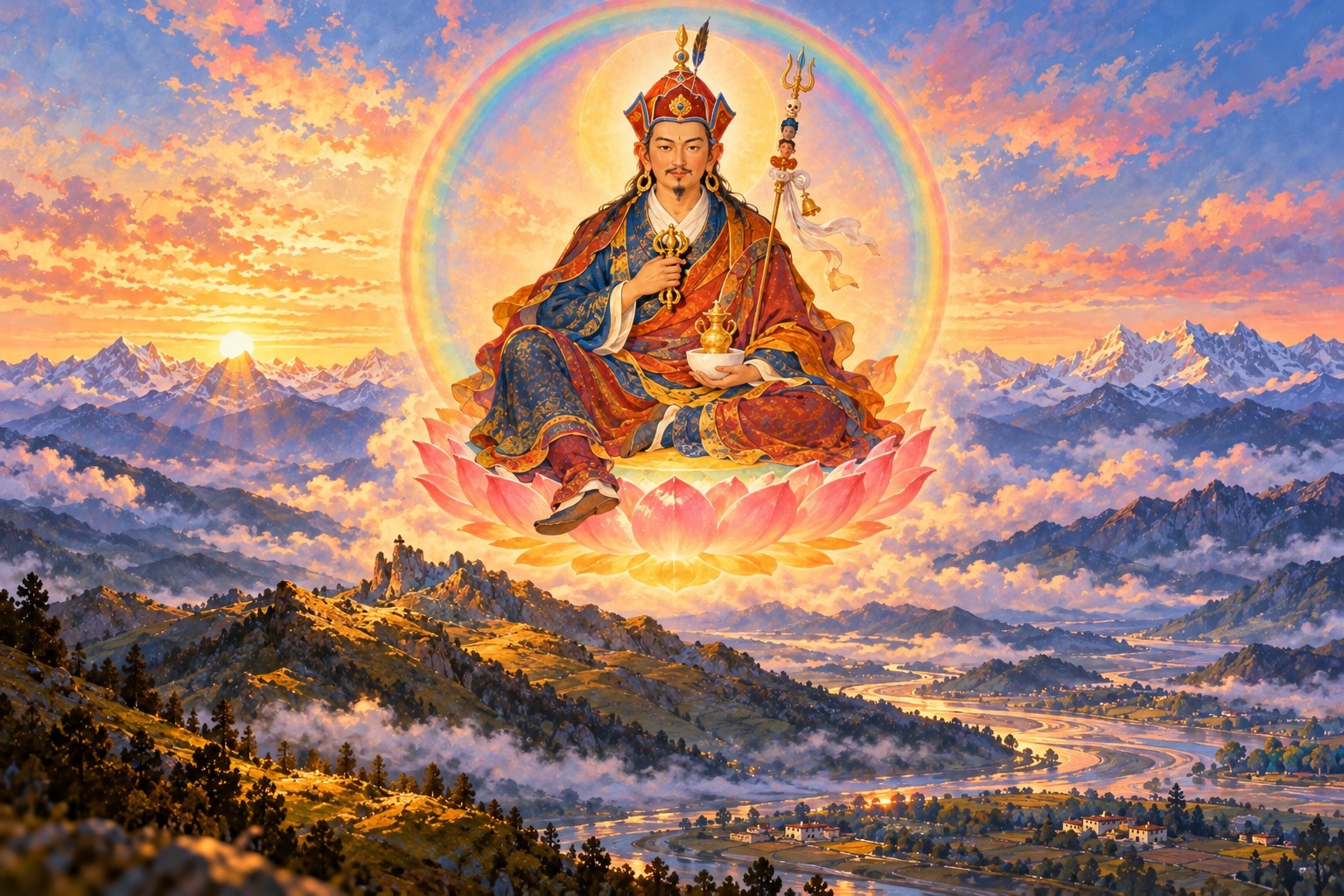 Guru Rinpoche in his lotus hat sits on a lotus inside a soft rainbow sphere in the dawn sky above a long mountain ridge and a misty river valley.