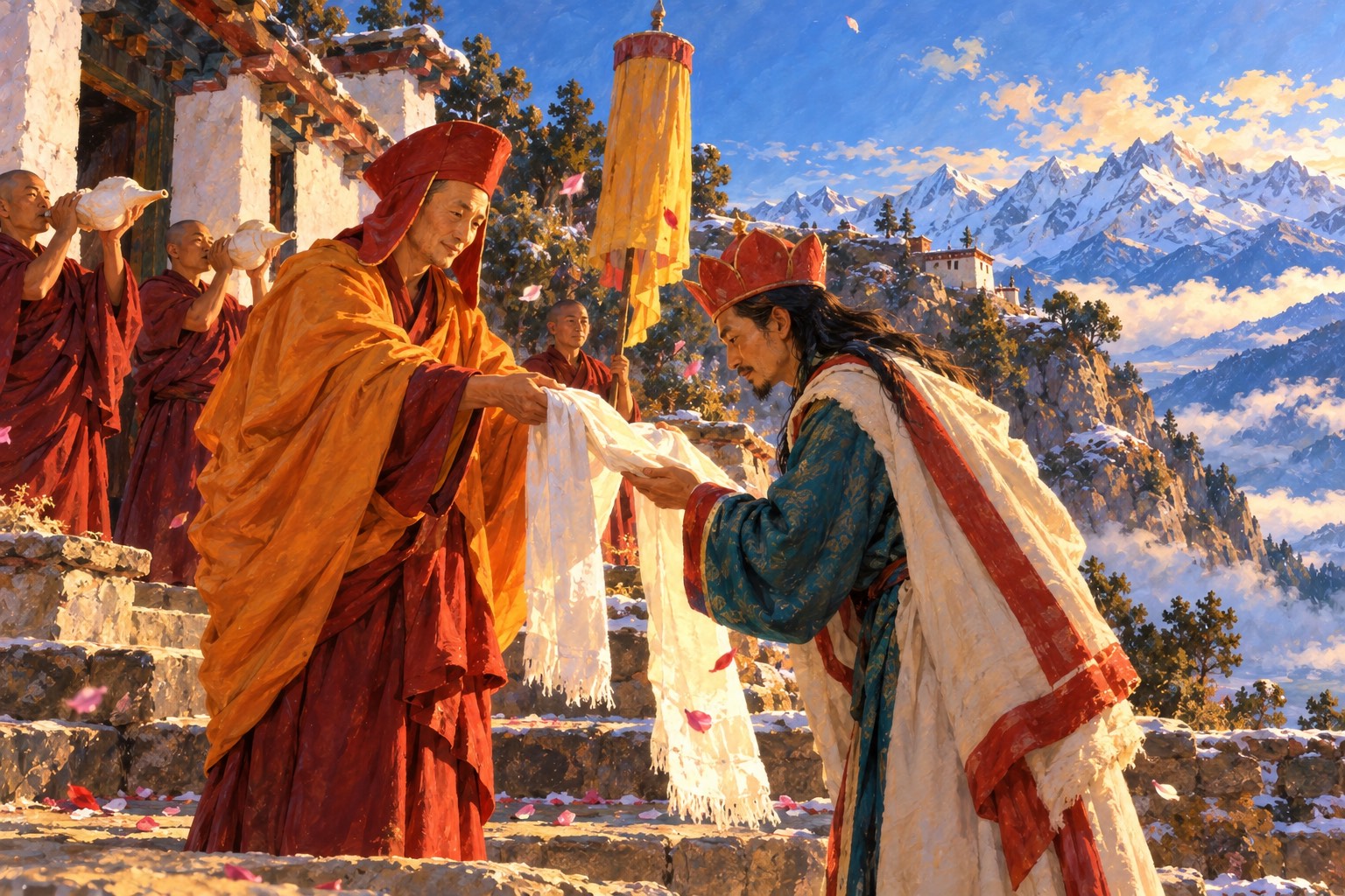 Seen from below on a sunny ridge, a tall monk in a red pointed hat offers a white scarf to a long-haired man in a red lotus hat, while monks blow white conch shells and petals drift in the air.
