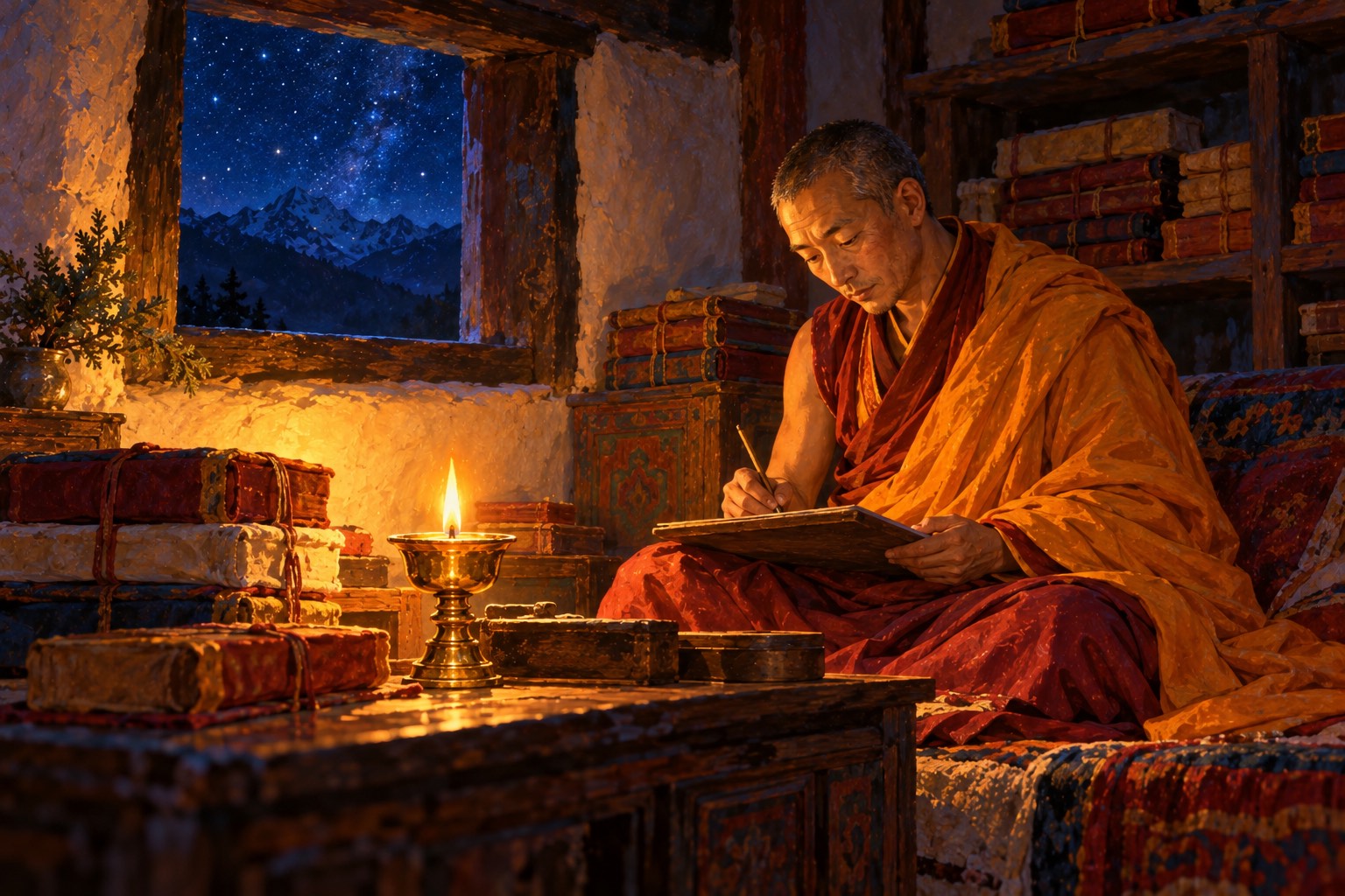 By a single butter lamp, a slender monk sits writing on a board on his knee, surrounded by stacks of cloth-wrapped books; a small window shows a starry night sky.