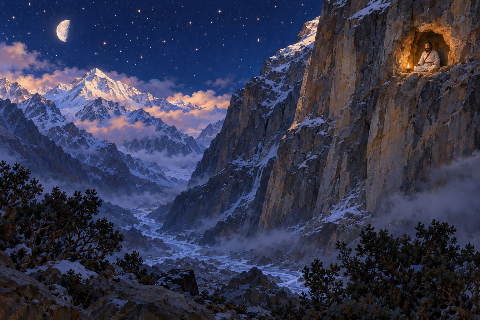 A tall cliff under a starry night sky with a half moon. High up, a tiny cave glows with lamplight, where a small figure in white sits in meditation.