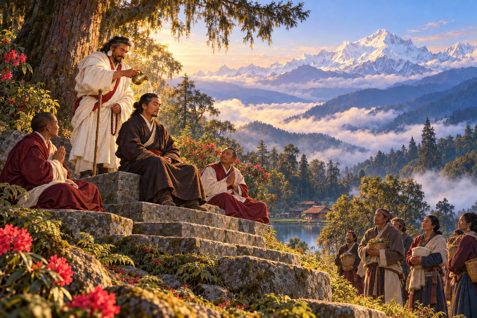 On a forested hill, a man in a dark robe sits on a stepped stone throne while a bearded yogi in a white shawl pours water over his head from a small vase. Two lamas sit on lower seats and villagers with baskets watch; snow peaks rise behind.