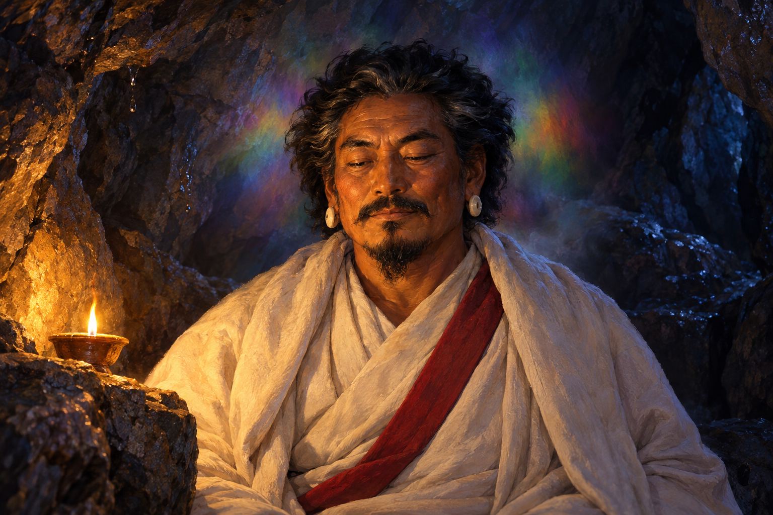 Close portrait of a bearded man in a white shawl with a red strap, eyes half-closed in meditation in a dark cave, lit by a butter lamp, with a faint rainbow shimmer on the rock around him.