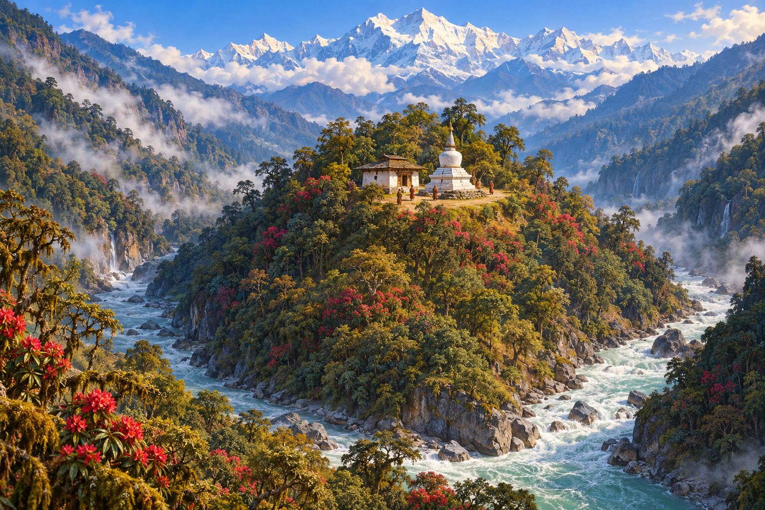 An aerial view of a cone-shaped forested hill between two green rivers, with a small white temple and a white stupa on its crown, tiny pilgrims circling it, and distant snow peaks.