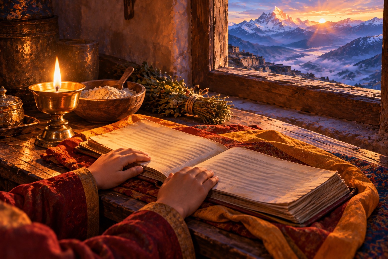 Close-up of a child's small hands resting on an open stack of long, narrow book pages on a wooden table, beside a burning butter lamp, a bowl of barley flour and a bundle of herbs, in soft dawn light.