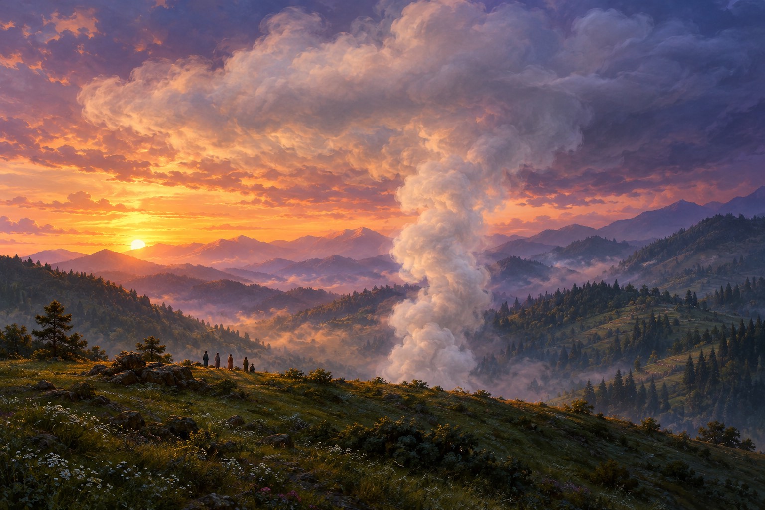 At dusk, a tall column of smoke rises from behind a green ridge into an amber sky while a few distant villagers stand watching.