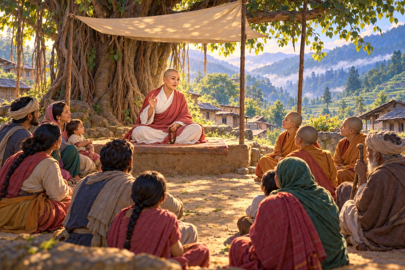 Under a great banyan tree, Mandarava sits on a low platform with one hand raised as she teaches a semicircle of village women, farmers and nuns.