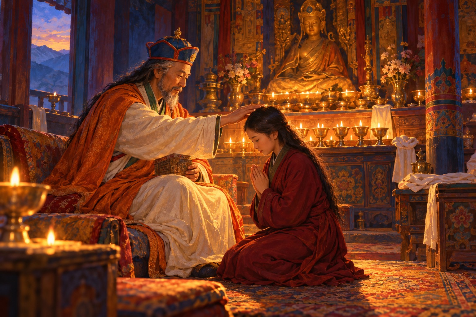 In a shrine room lit by rows of butter lamps, an older bearded man in white robes and an orange cloak sits on a cushion and reaches toward the head of a young girl who kneels before him with her palms joined.
